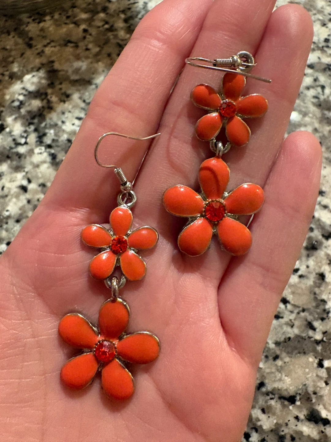 Orange Flower Dangle Earrings with Red Gems - photo 4