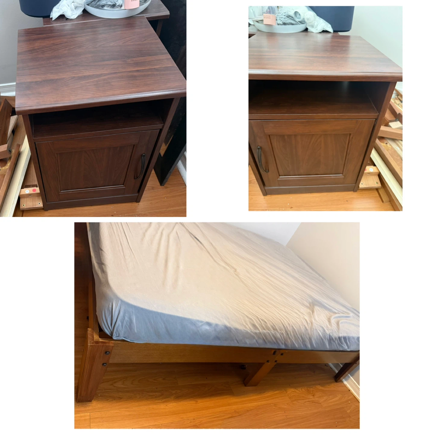 Dark Wood Nightstand and full bed