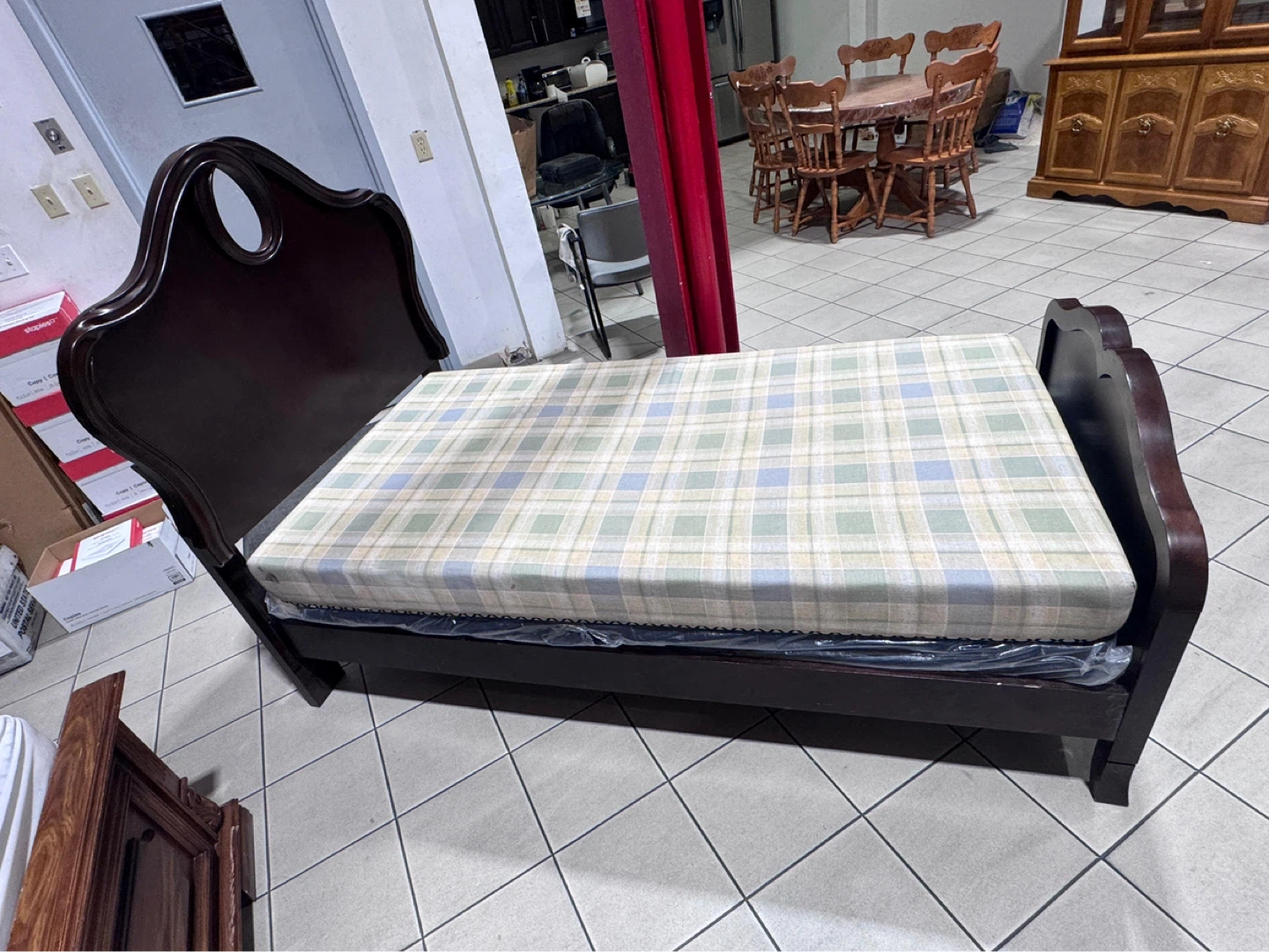 Dark Wood Sleigh Bed Frame with Mattress