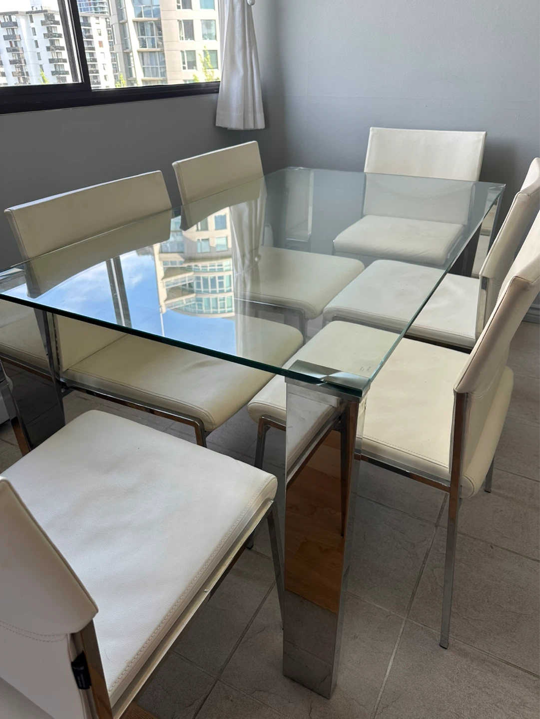 Glass Dining Table with 6 White Chairs