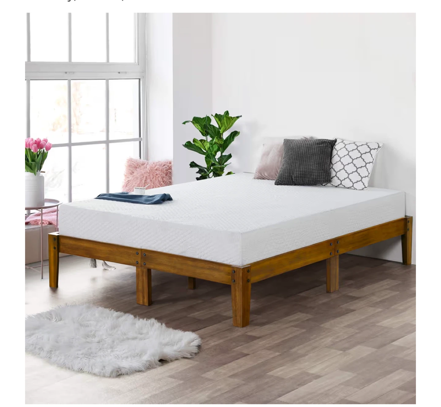Wooden Bed Frame with White Mattress