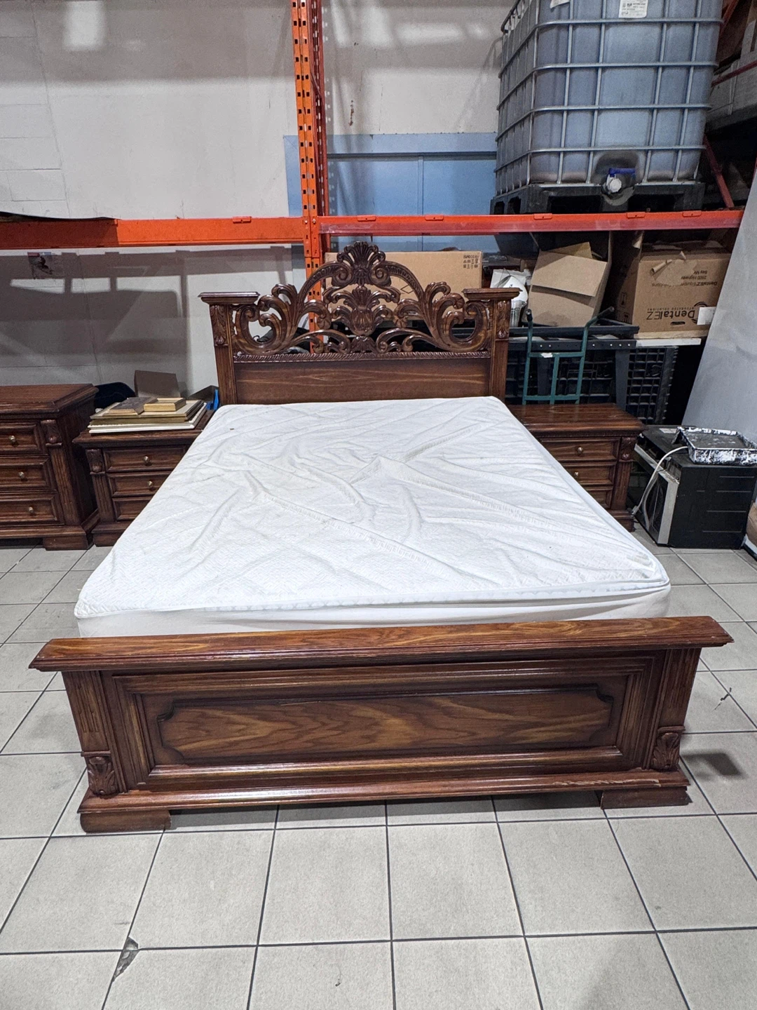 Ornate Wood Bed Frame with Matching Nightstands