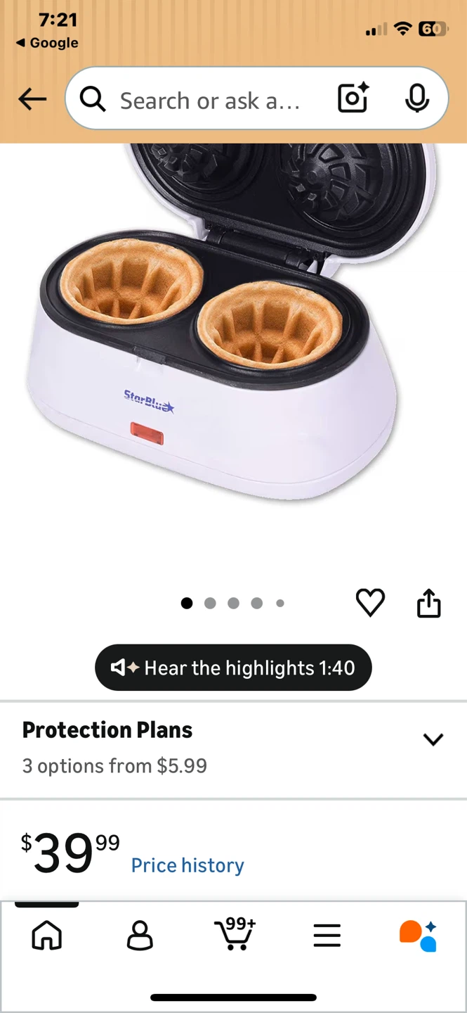 White Double Waffle Bowl Maker Bowl Shapes Belgian