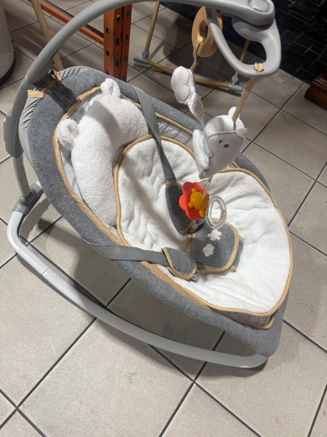Grey Baby Rocker with Canopy and Toys