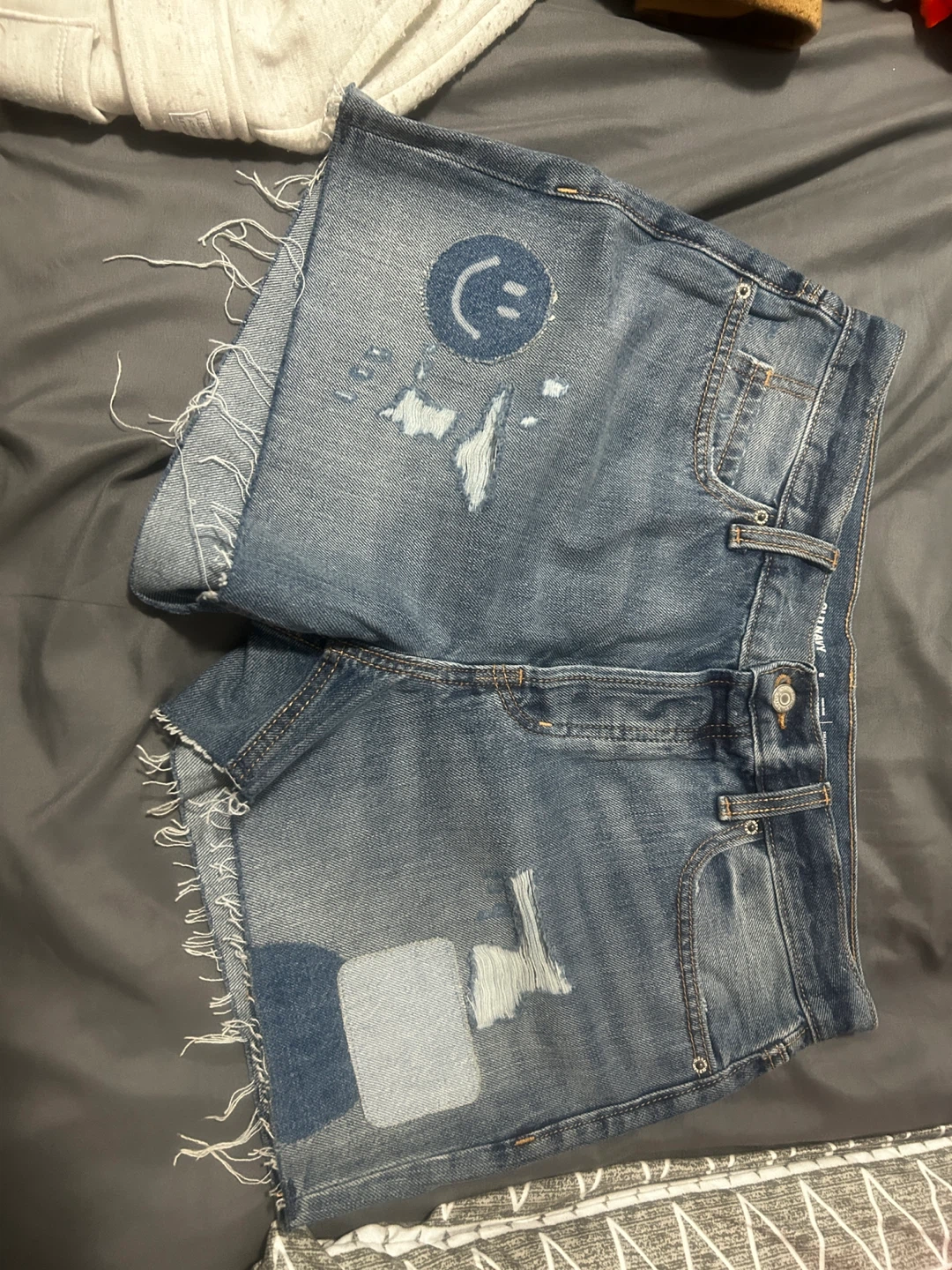 Distressed Denim Jean Shorts with Patches