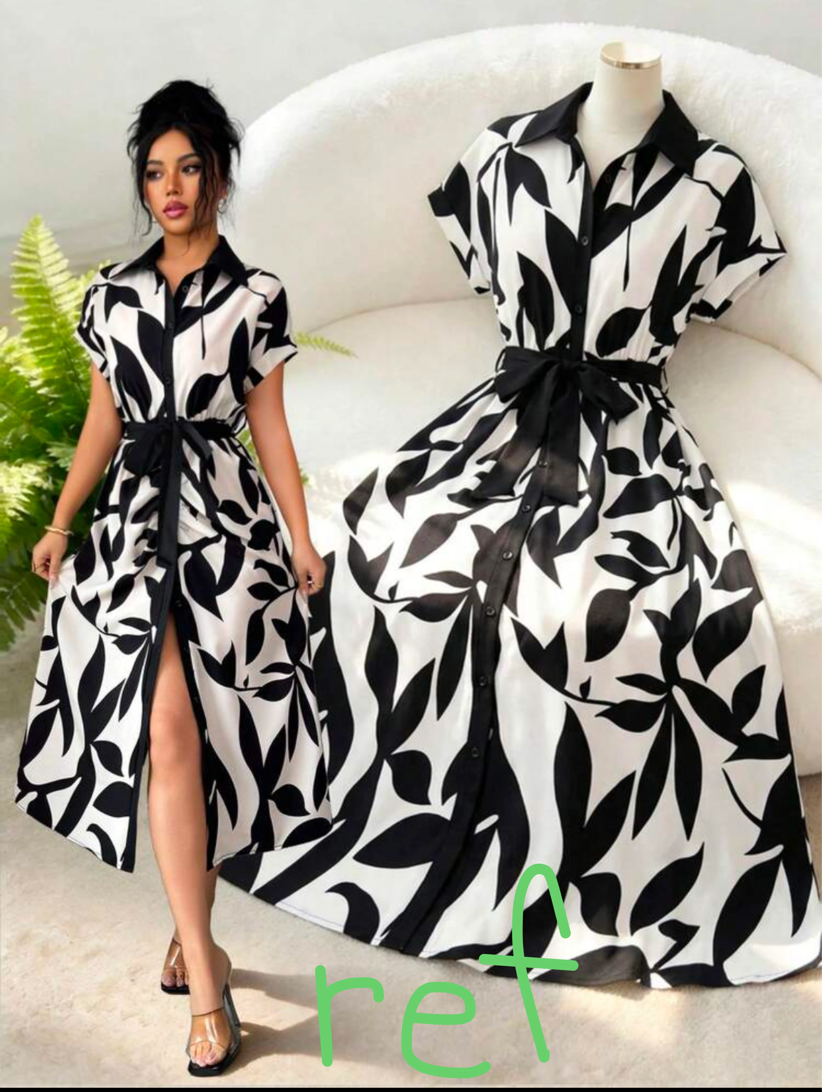 Black and White Leaf Print Button-Up Midi Dress with Belt - photo 4