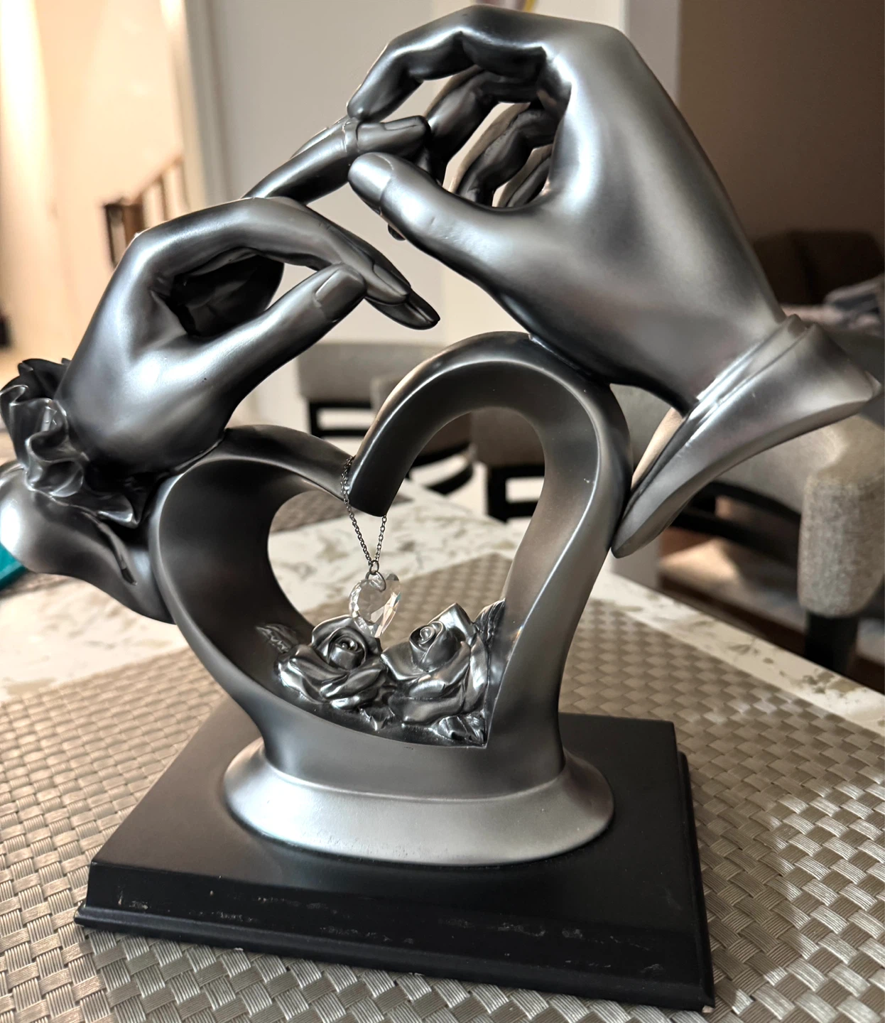 Silver Heart and Hands Sculpture with Roses and Crystal