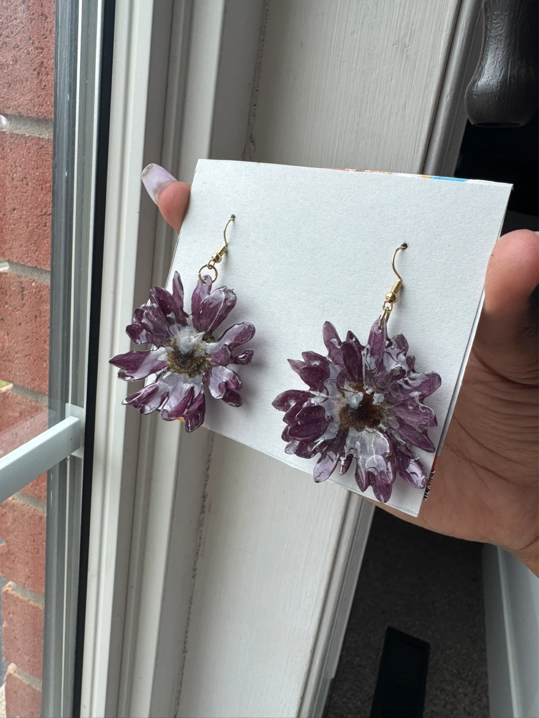 Purple Flower Resin Drop Earrings