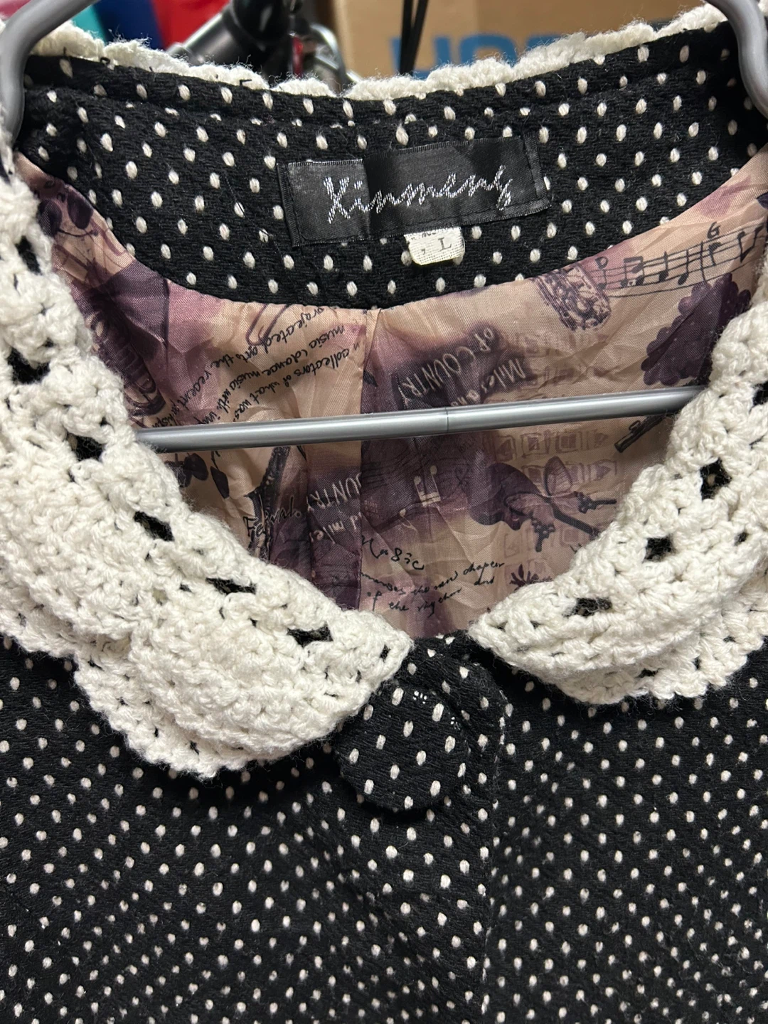 Kinmeng Black and White Polka Dot Blazer with Crochet Collar - photo 3