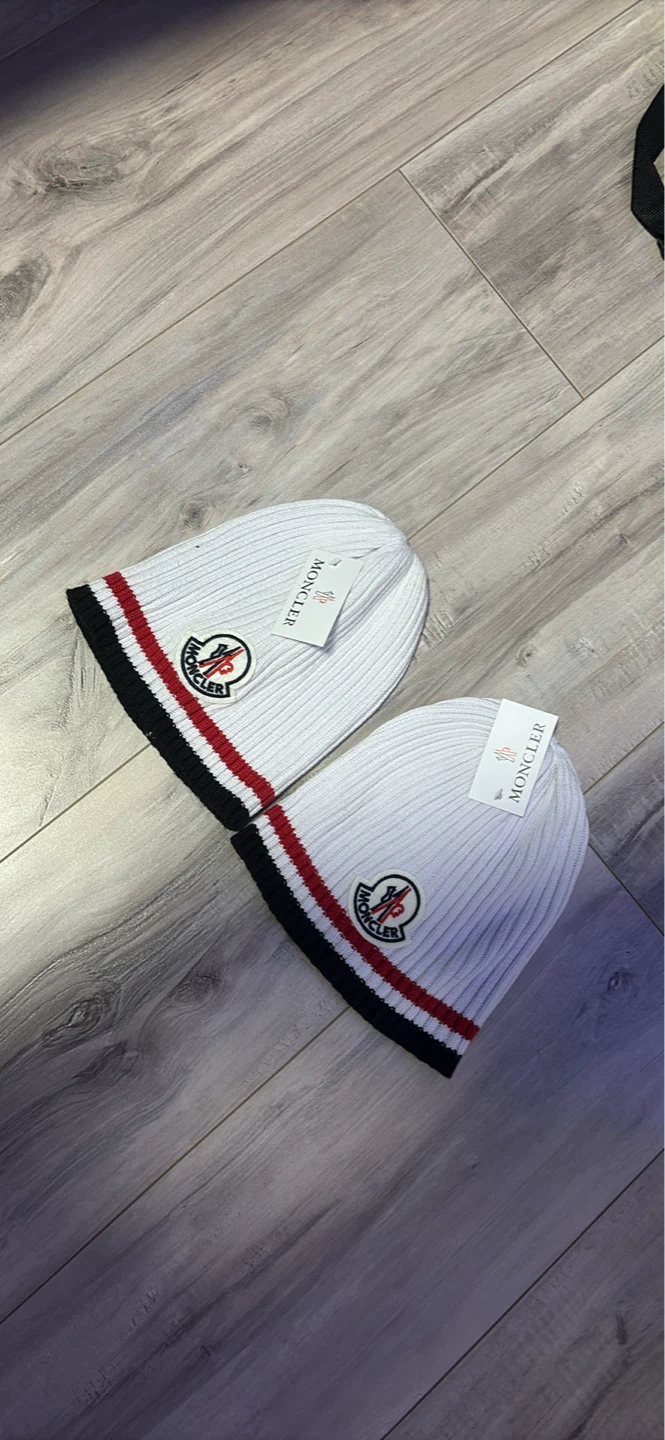 Moncler White Ribbed Beanie Hats (Set of 2)