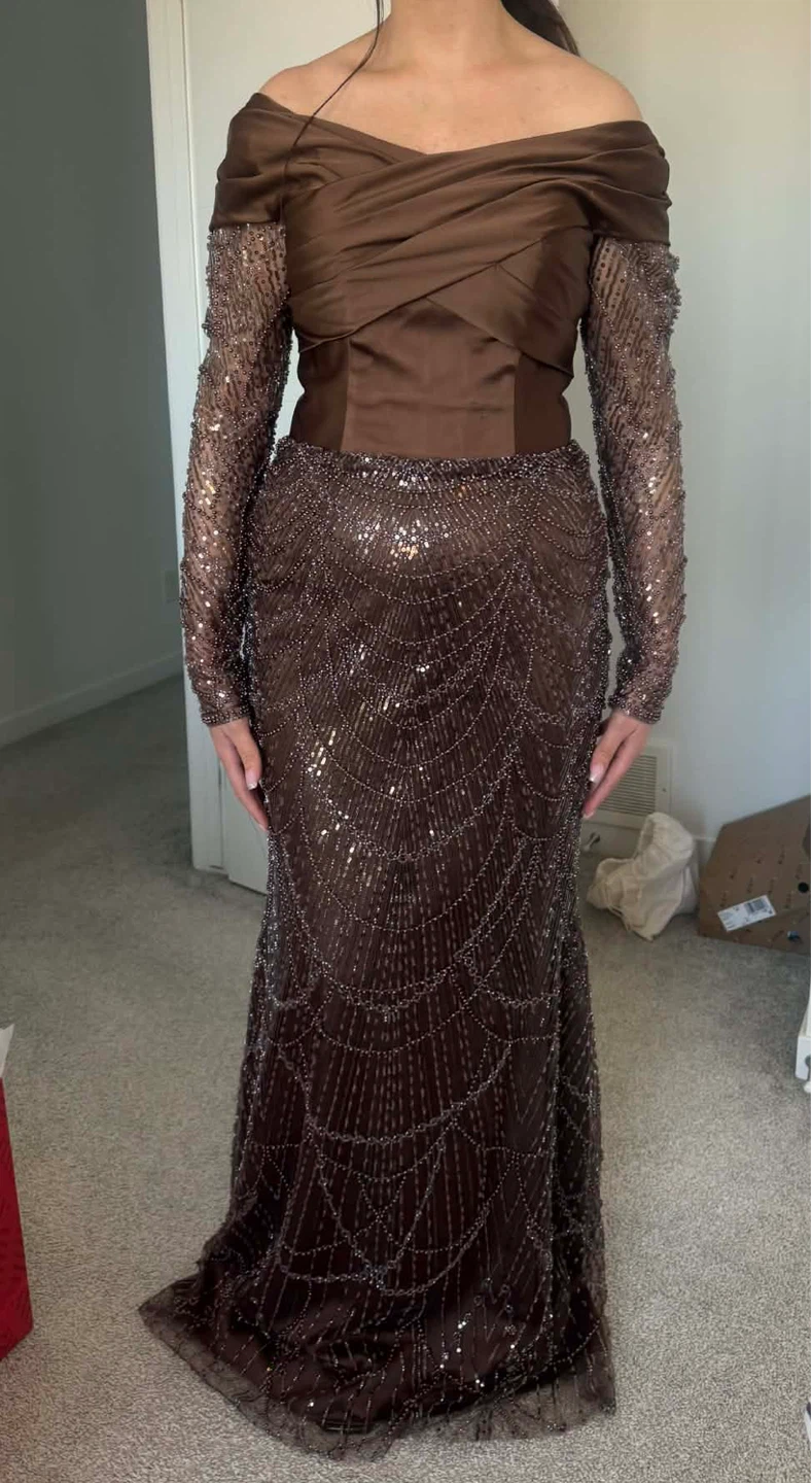 Brown Sequin Embellished Off-the-Shoulder Evening Gown
