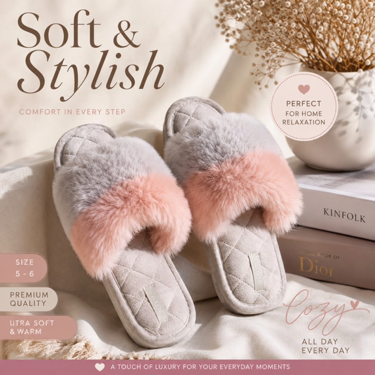 Gardene Fuzzy Slippers - Size 5-6