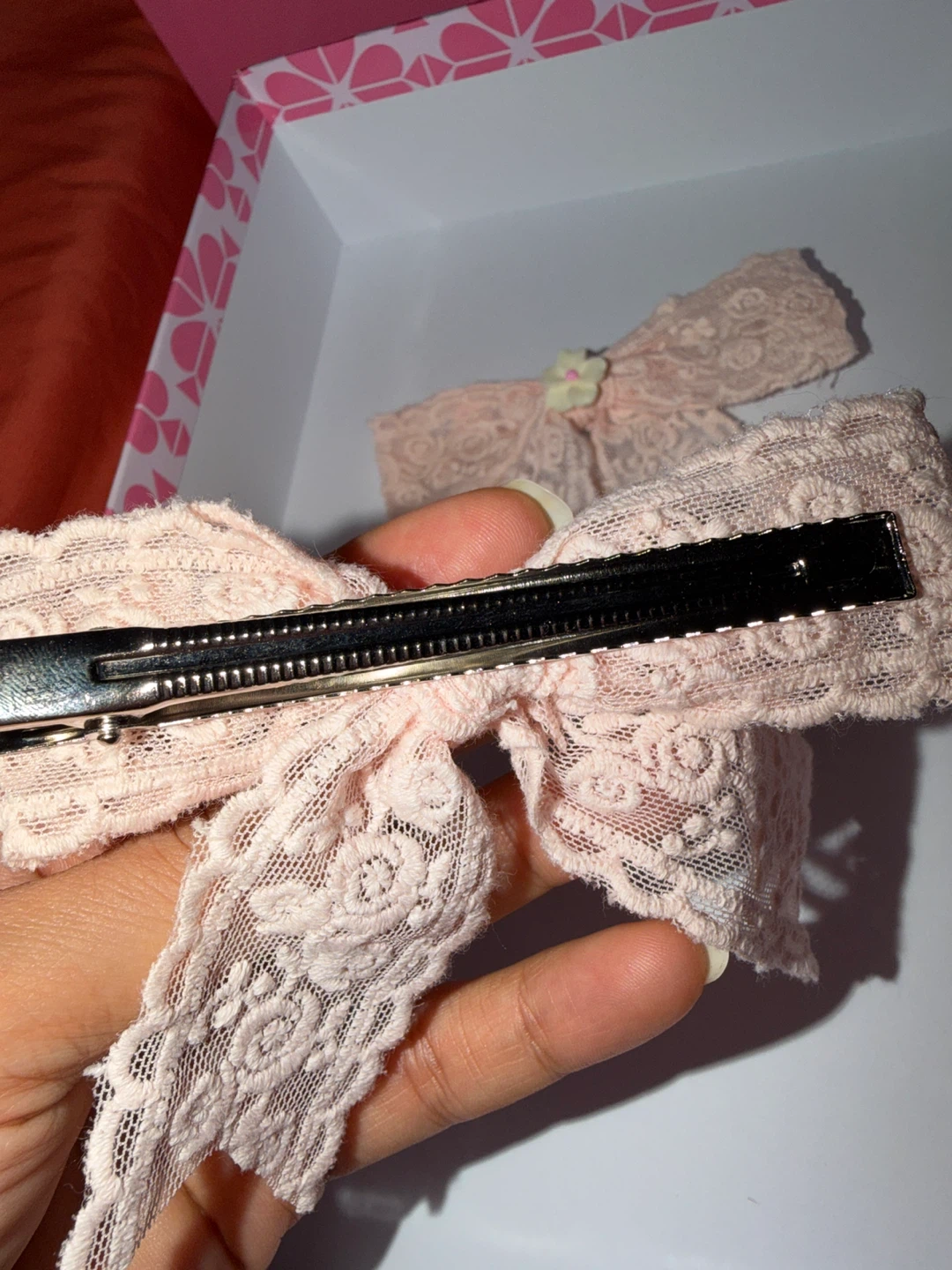 Two pink lace hair bows with flower accent - photo 2