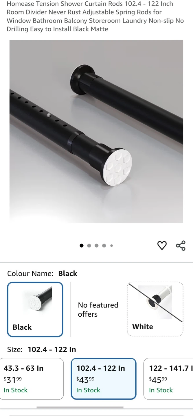 Homease Tension Shower Curtain Rod 102.4-122 Inch Black