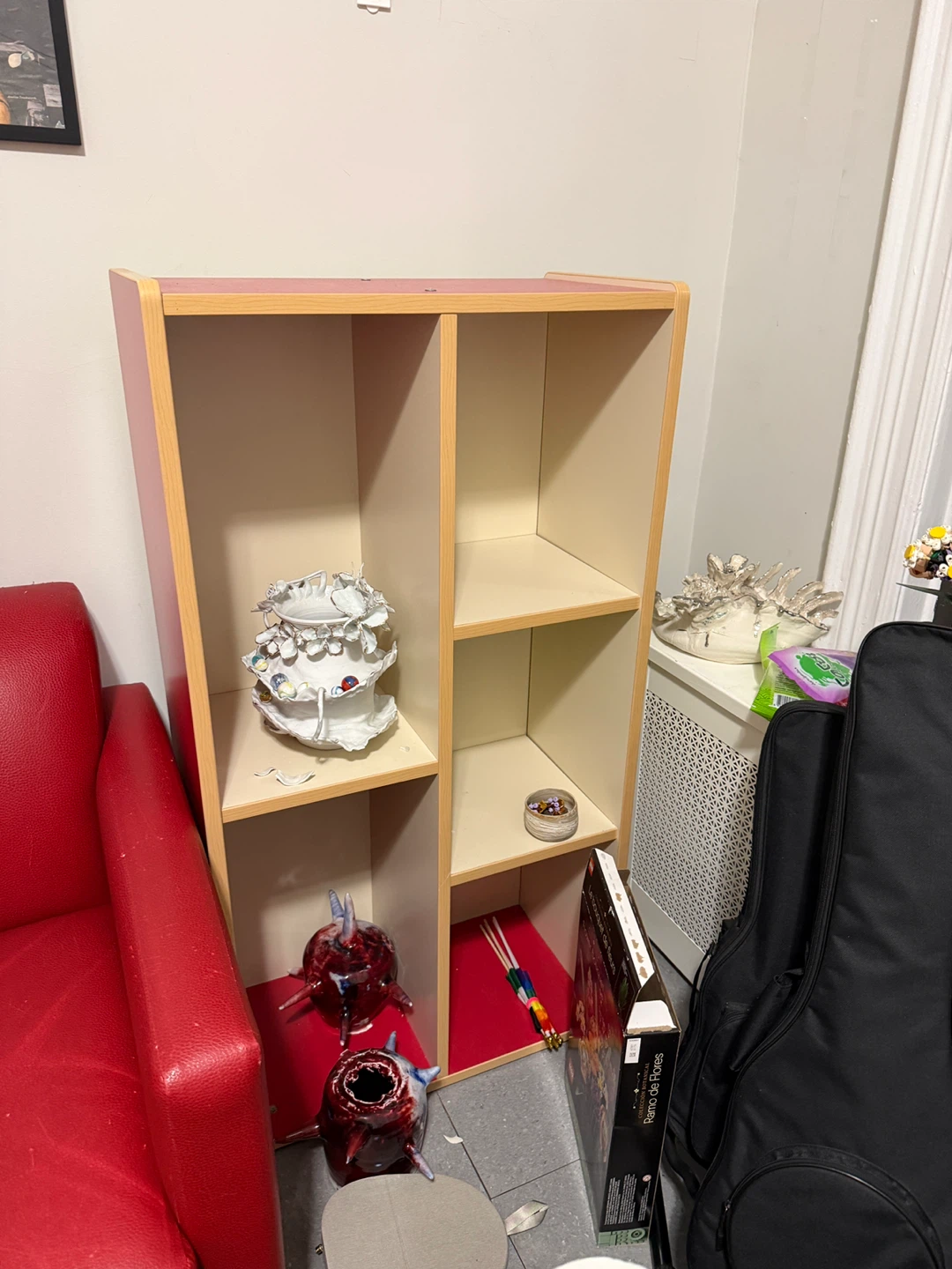 Red Wooden Shelf Unit with 4 Compartments