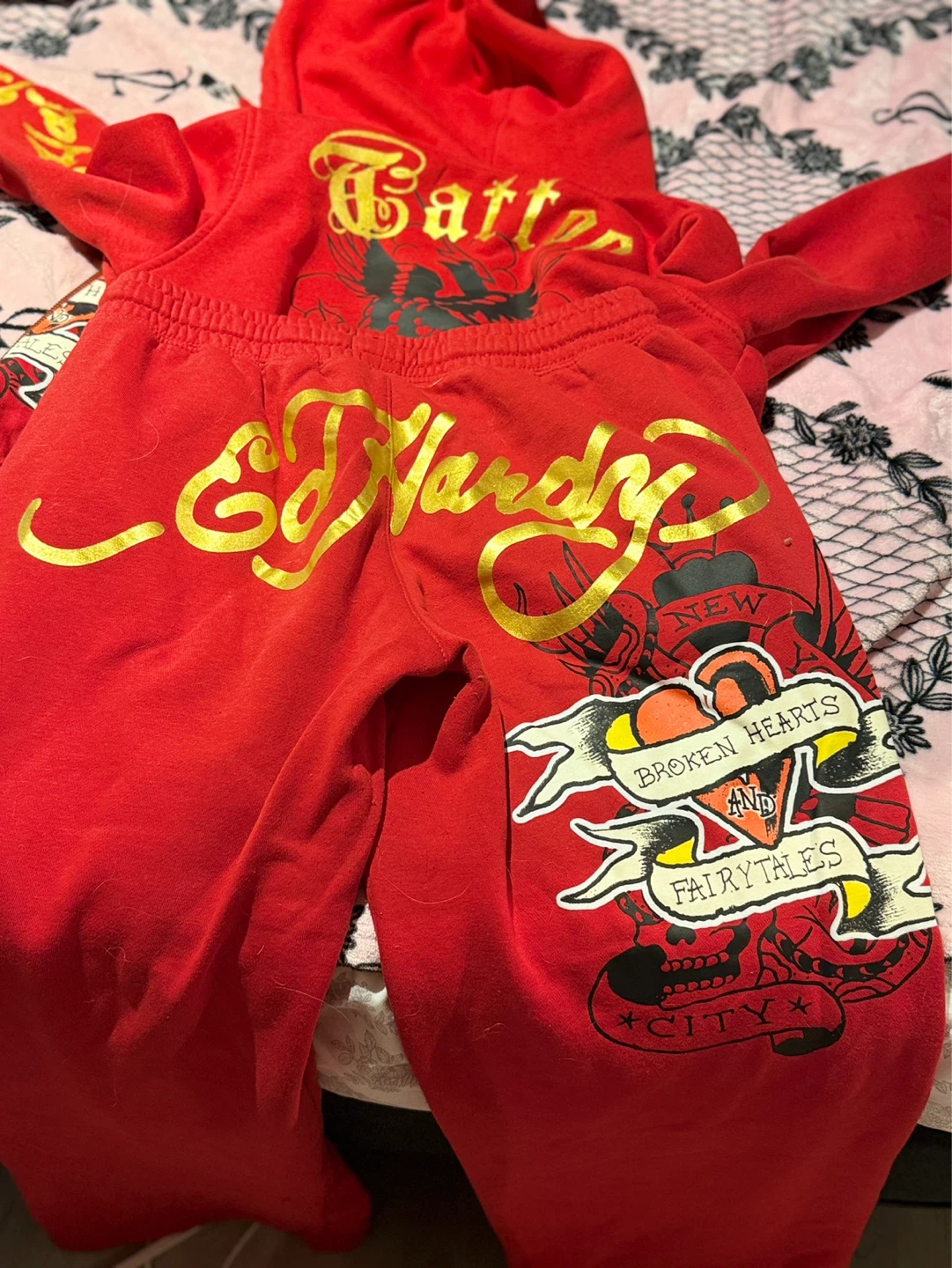 Ed Hardy Red Hoodie and Jogger Set Size S - photo 2