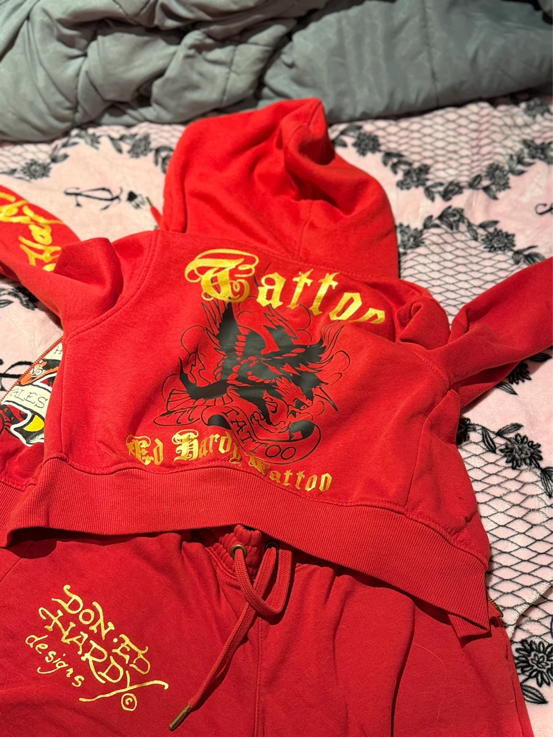 Ed Hardy Red Hoodie and Jogger Set Size S - photo 3