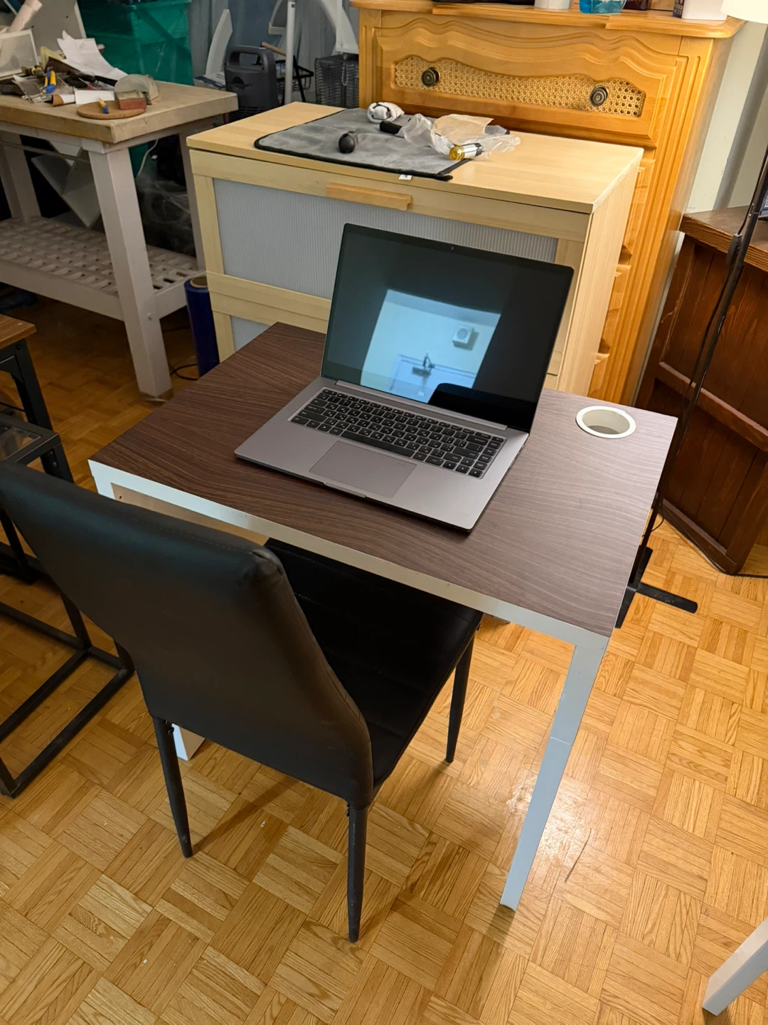 IKEA MICKE desk with black faux leather chair