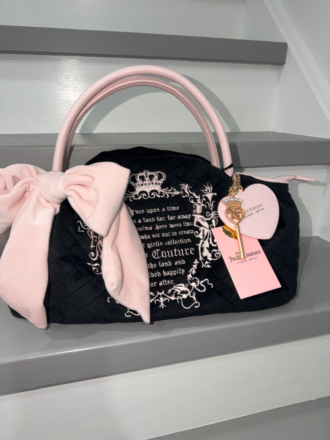 Juicy Couture Quilted Velour Satchel Bag Pink Bow