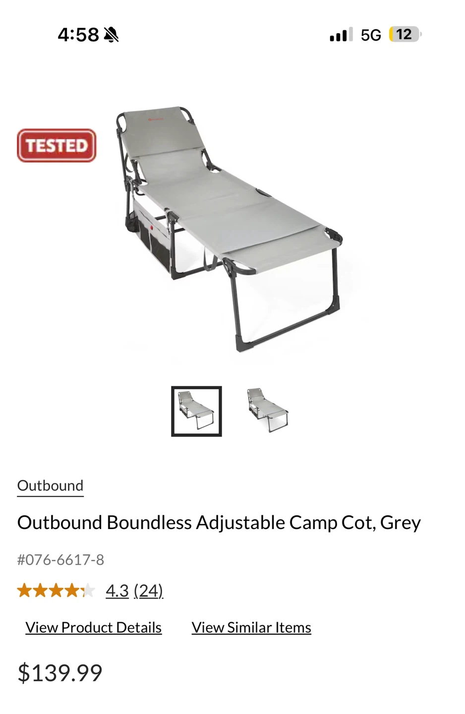 Outbound Boundless Adjustable Camp Cot, Grey