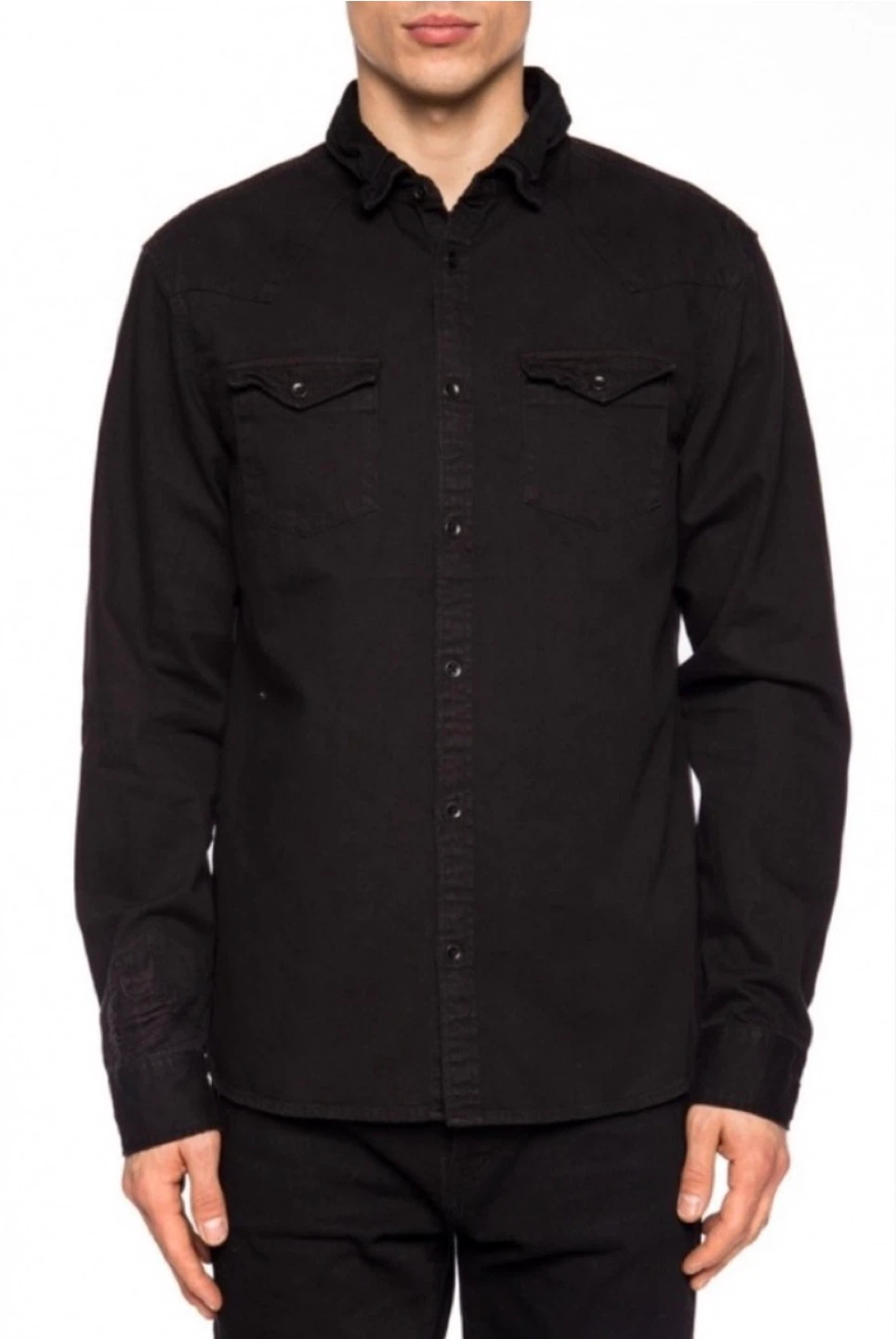 All Saints “Biso” Distressed Denim Button-Down Shirt | Jet Black