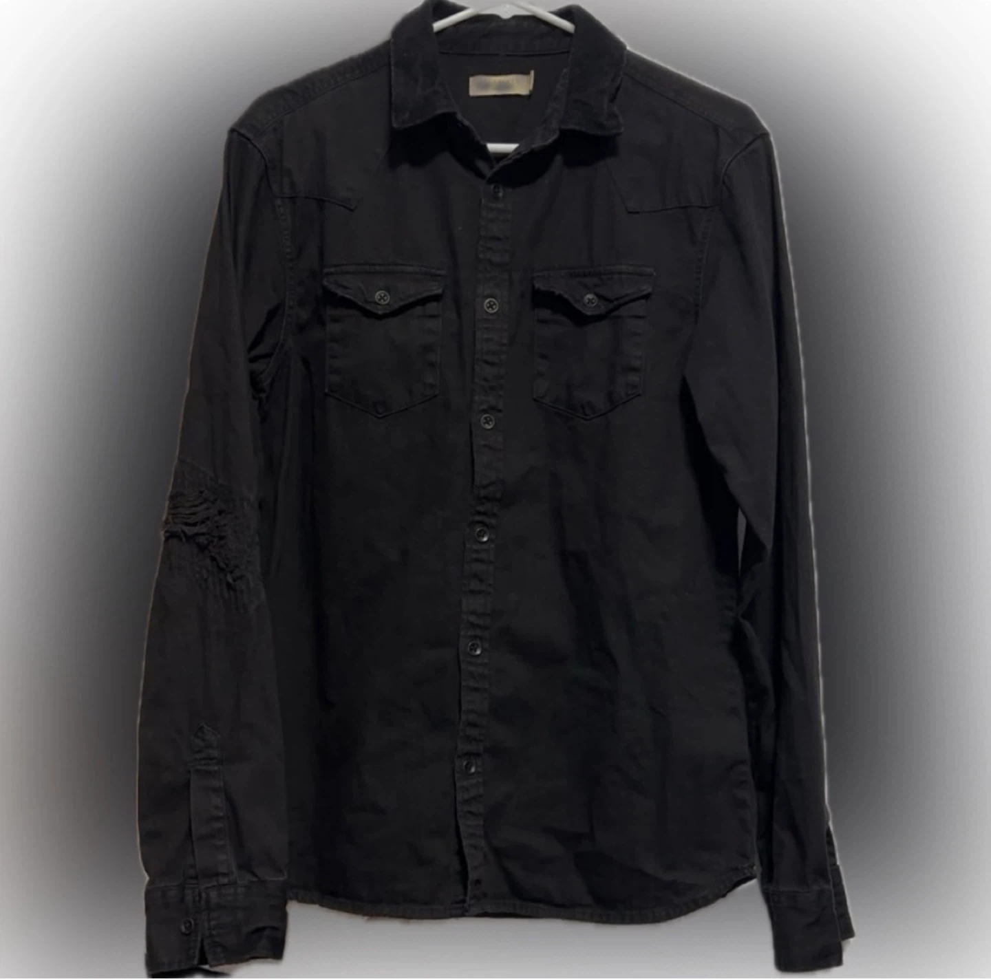 All Saints “Biso” Distressed Denim Button-Down Shirt | Jet Black - photo 4