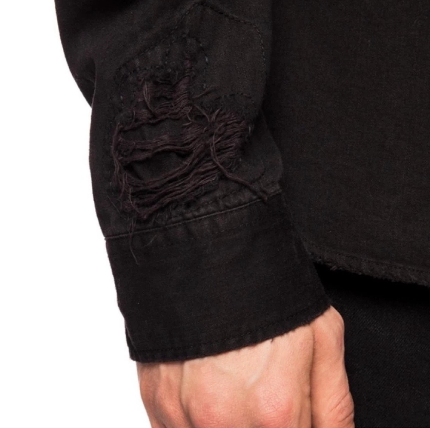 All Saints “Biso” Distressed Denim Button-Down Shirt | Jet Black - photo 3