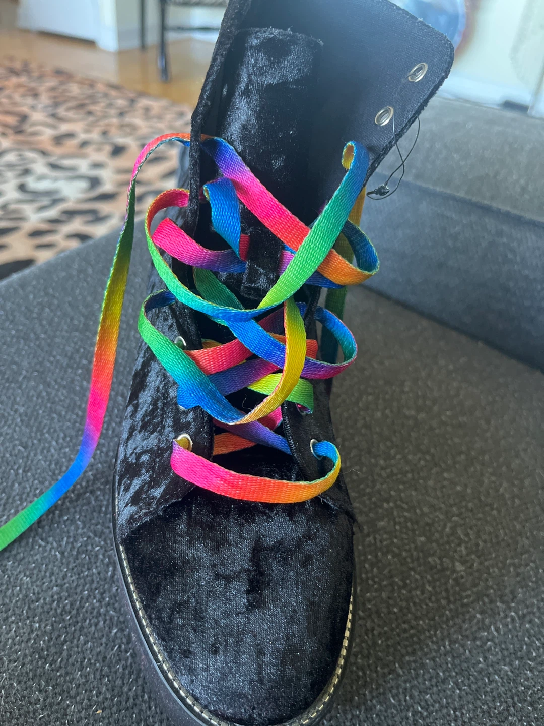 Black Velvet Platform Boots with Rainbow Laces - photo 2