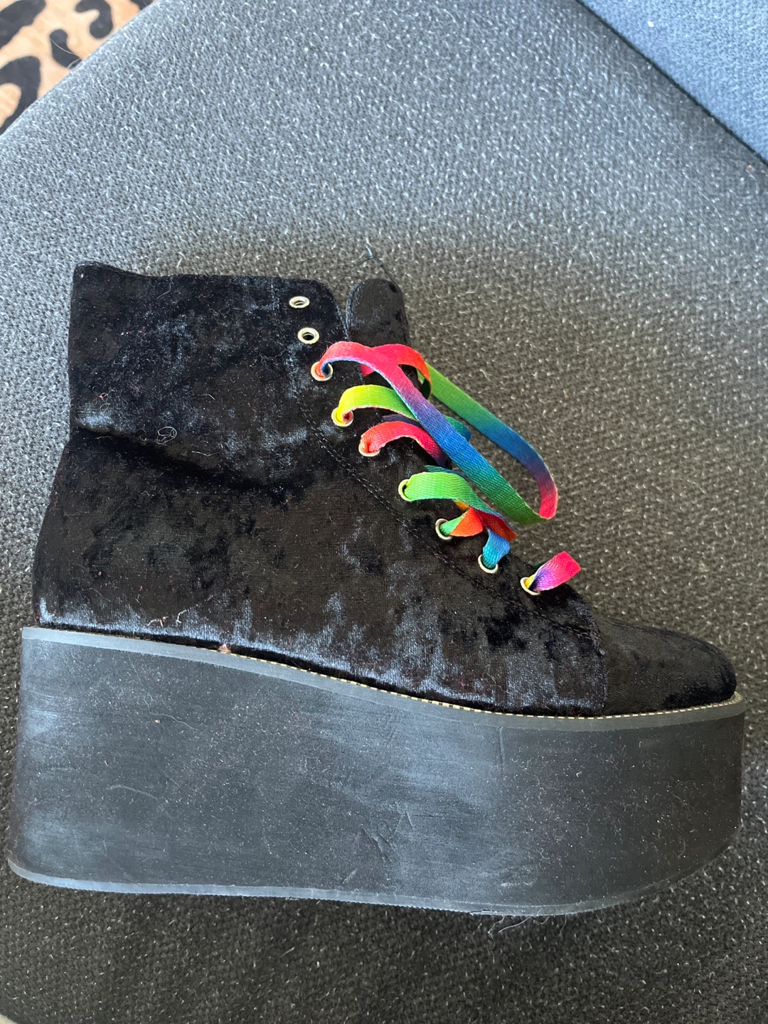 Black Velvet Platform Boots with Rainbow Laces