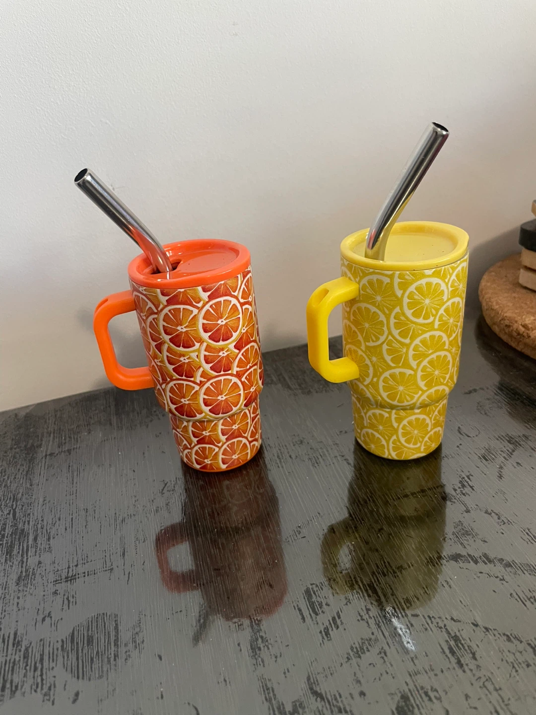 Set of 2 Tumbler Mugs with Straws - Orange and Lemon Designs