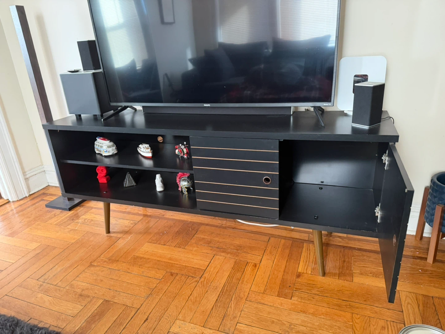 Black Mid-Century Modern TV Stand with Storage - photo 4