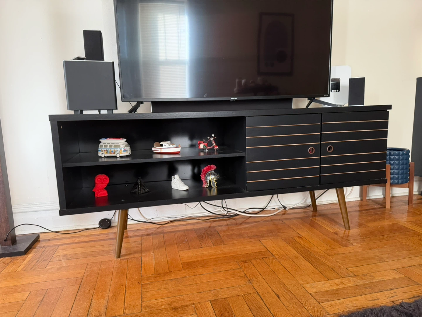 Black Mid-Century Modern TV Stand with Storage - photo 3