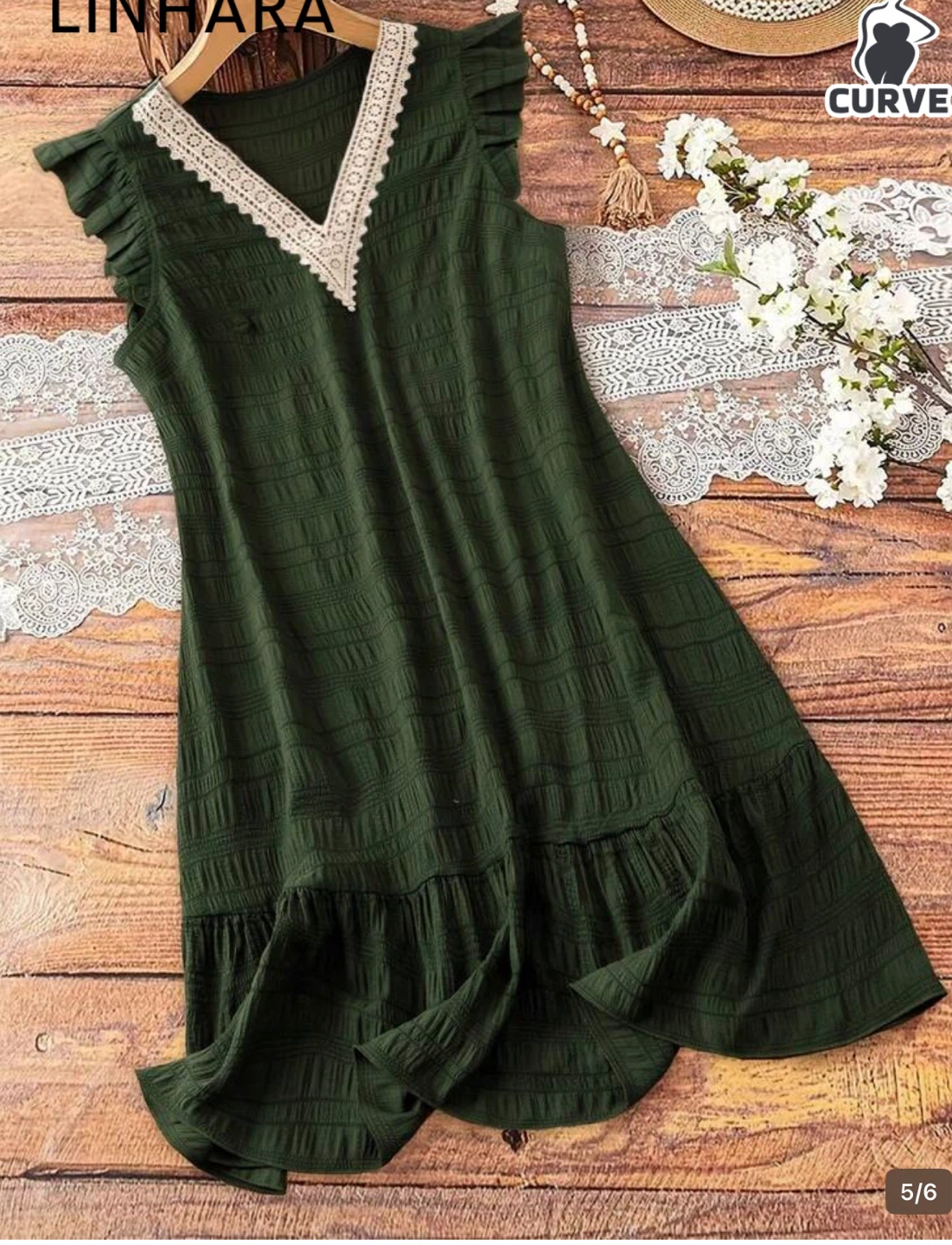 Green Textured Lace Trim V-Neck Dress
