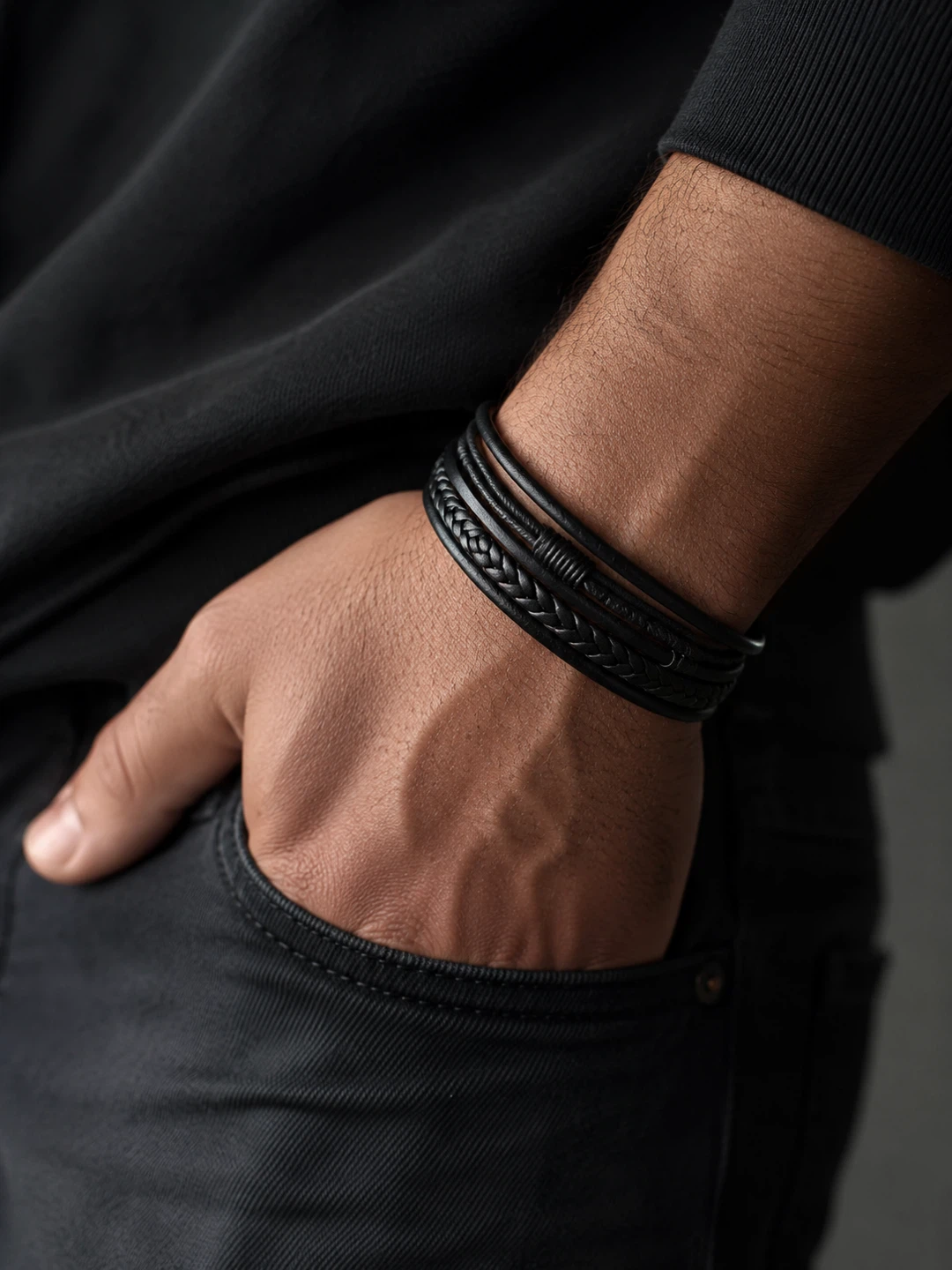 Black Leather Bracelet for Men