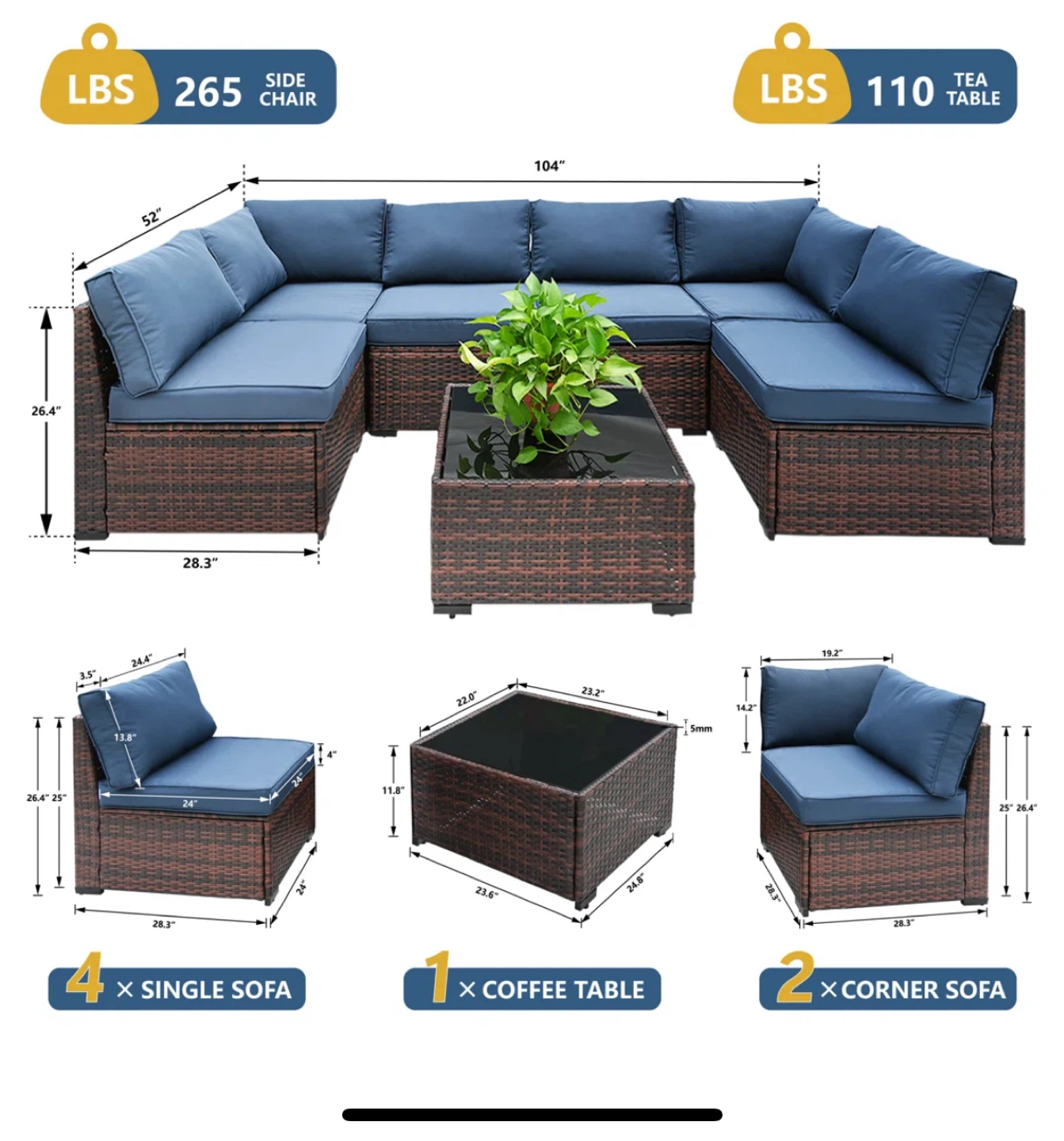 7-Piece Outdoor Wicker Sectional Sofa with Coffee Table - photo 5