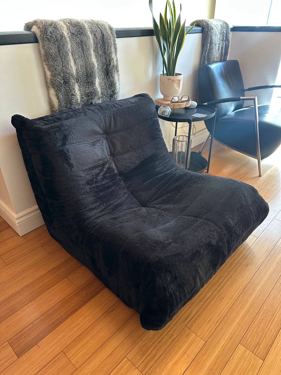 VINTAGE MCM STYLE TOGO BLACK VELVET LOUNGE CHAIR