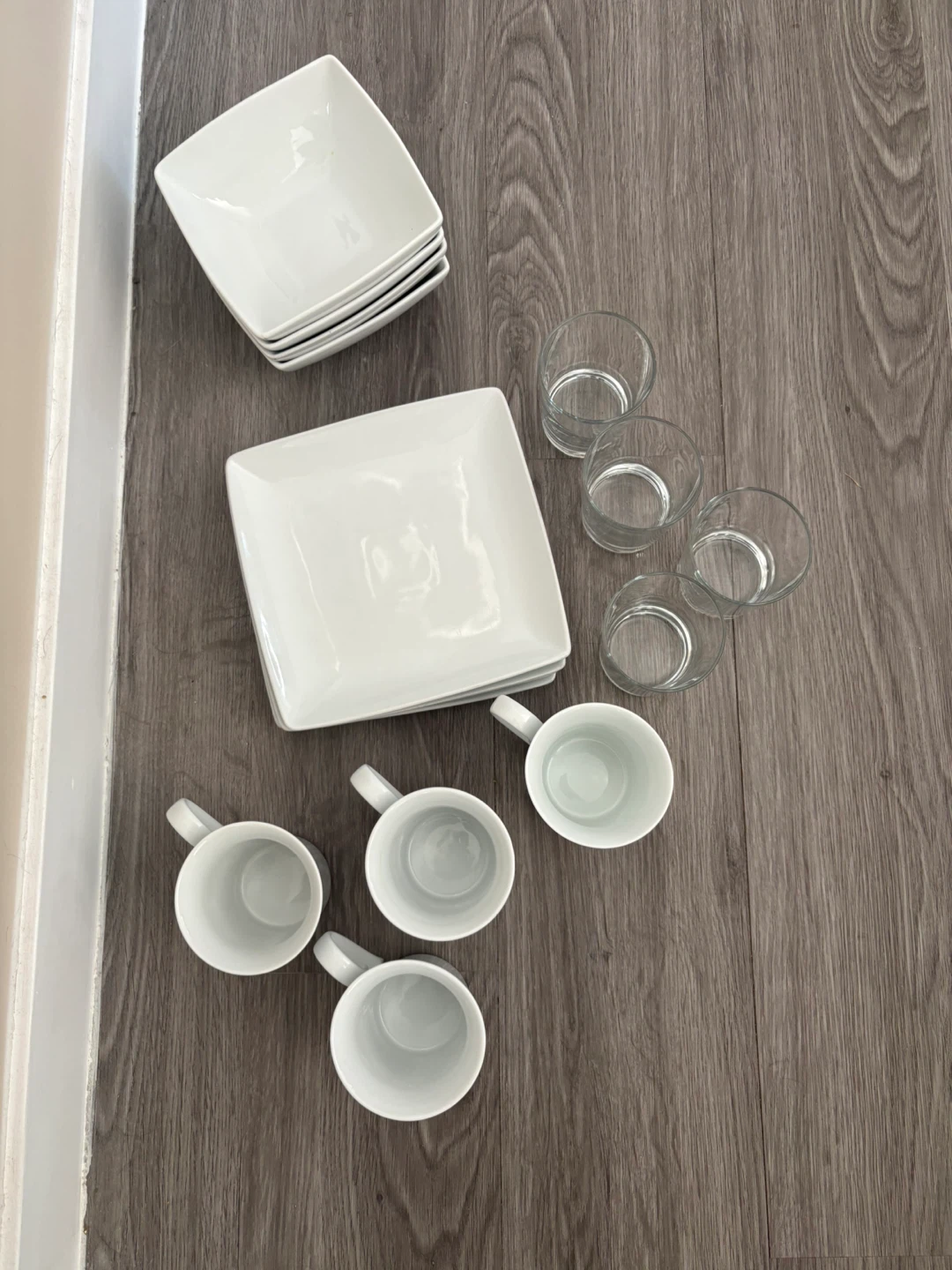 White Square Dinnerware Set with Glasses and Mugs