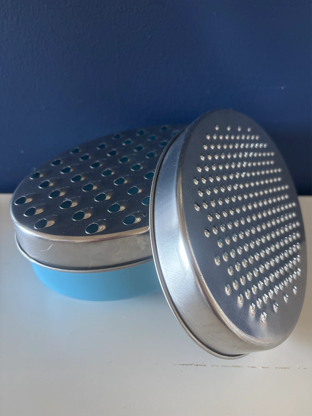 Vintage Blue Plastic and Metal Grater with Lid