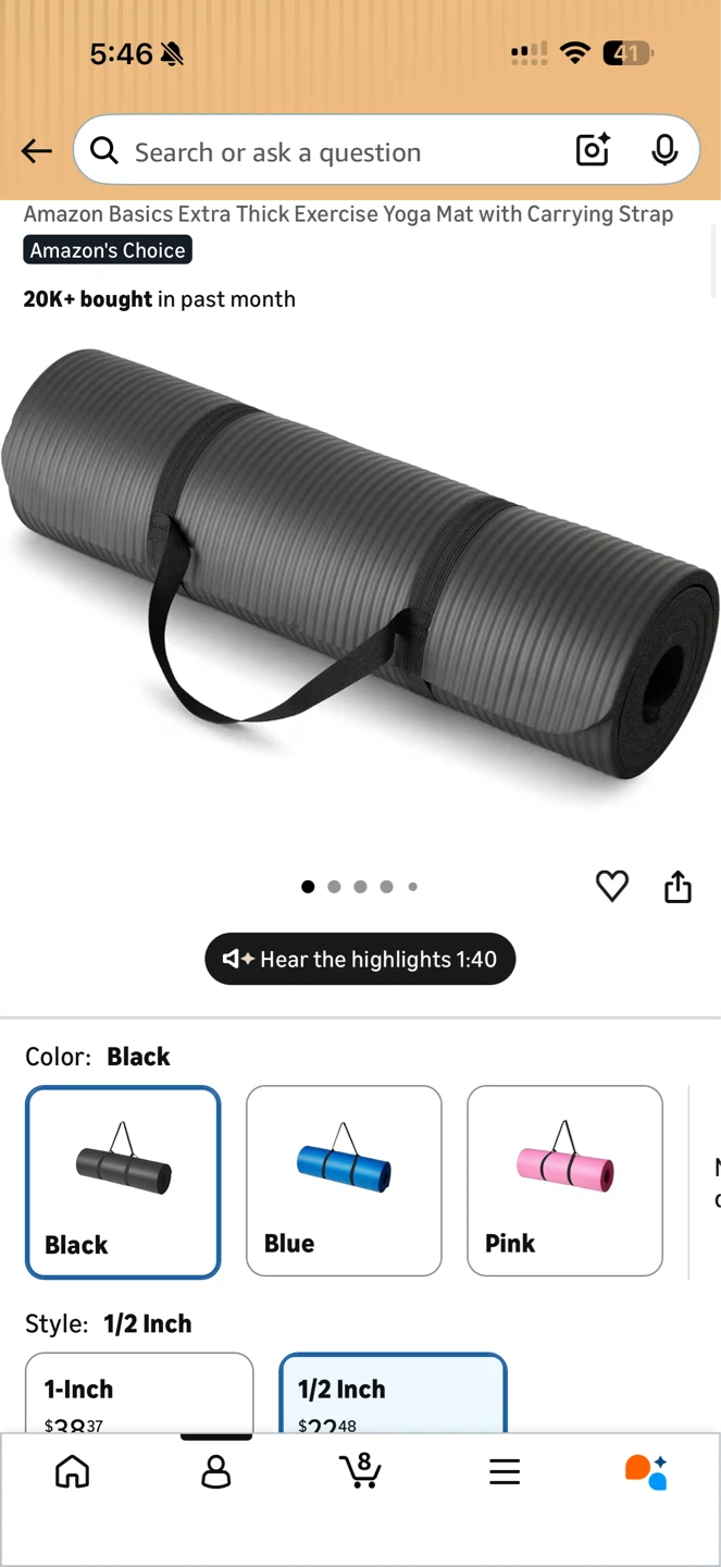 Amazon Basics Exercise Yoga Mat- Black, 1/2 Inch