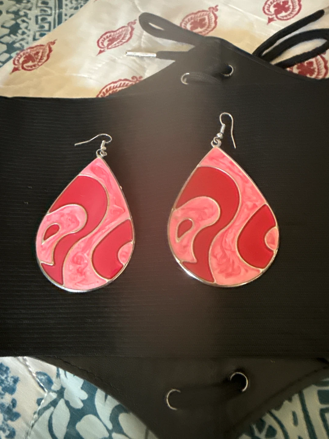 Teardrop Earrings - Pink and Red Swirl Design