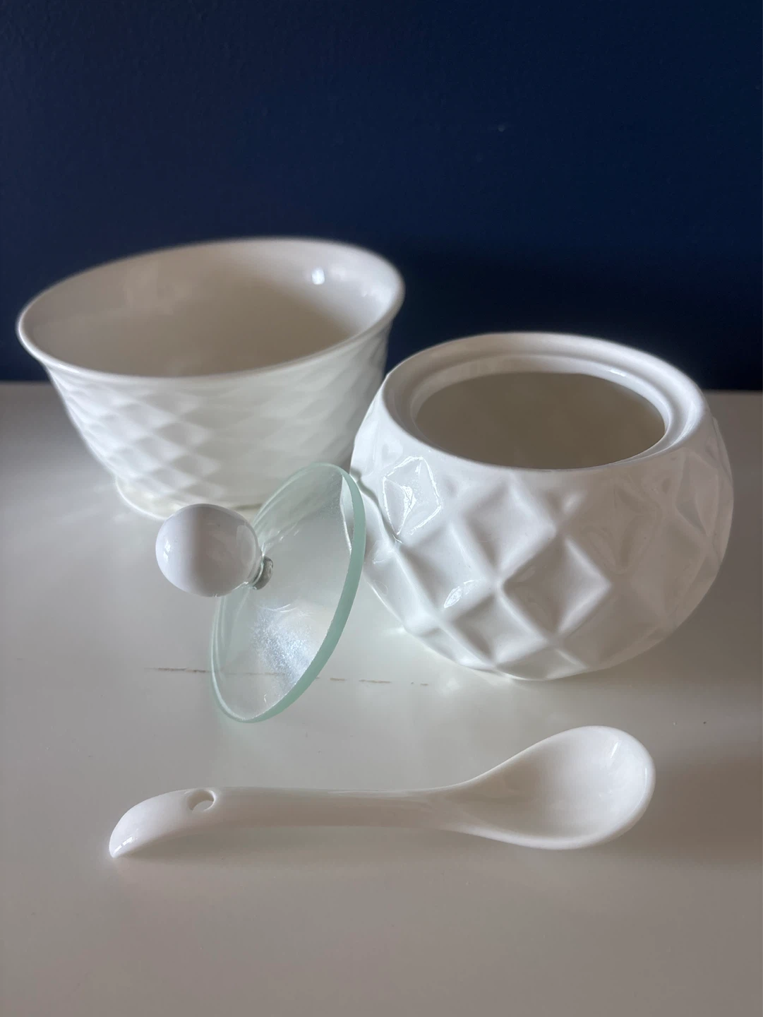 White Ceramic Sugar Bowl with Spoon and Lid