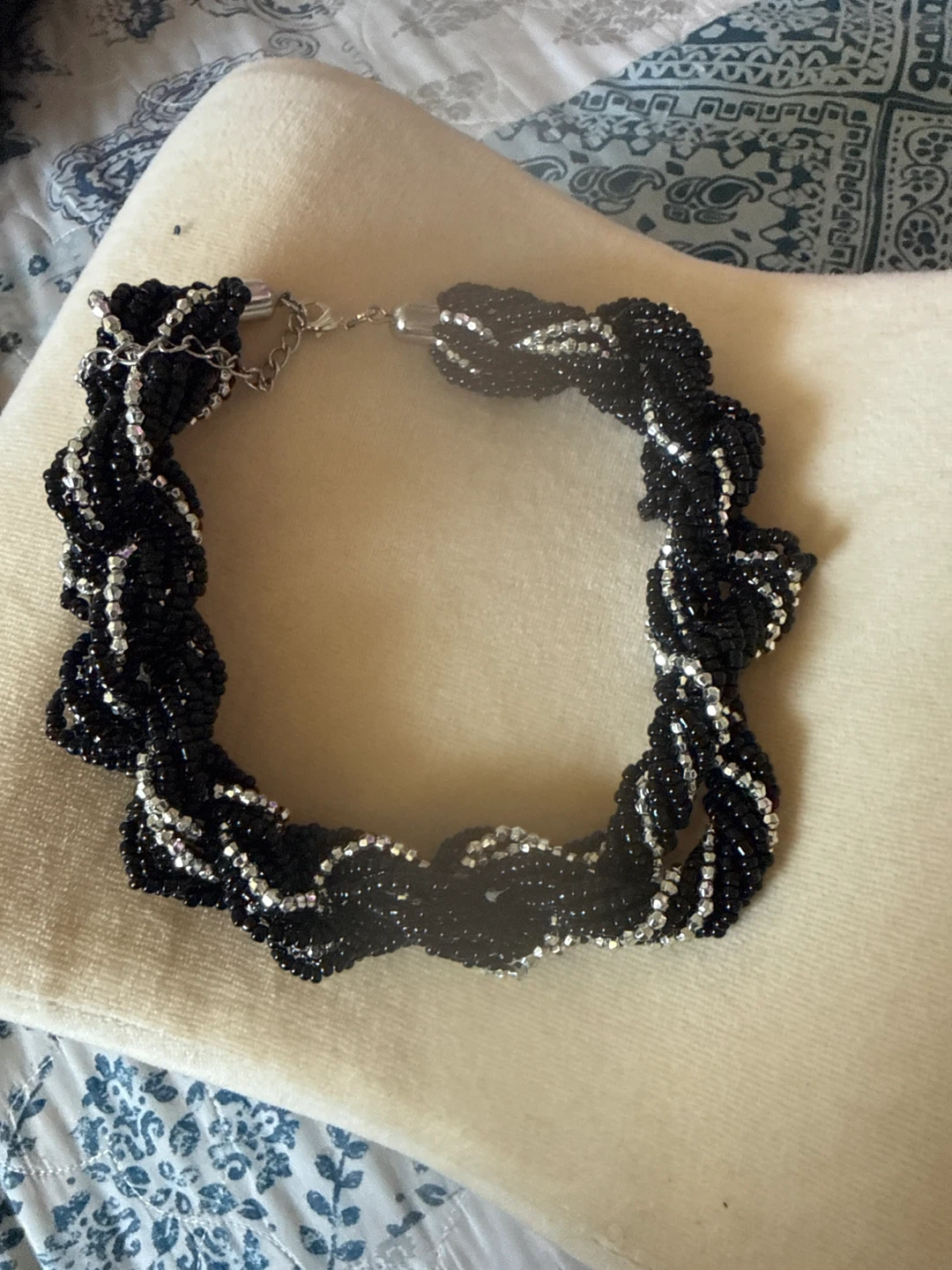 Black Beaded Necklace with Silver Accents