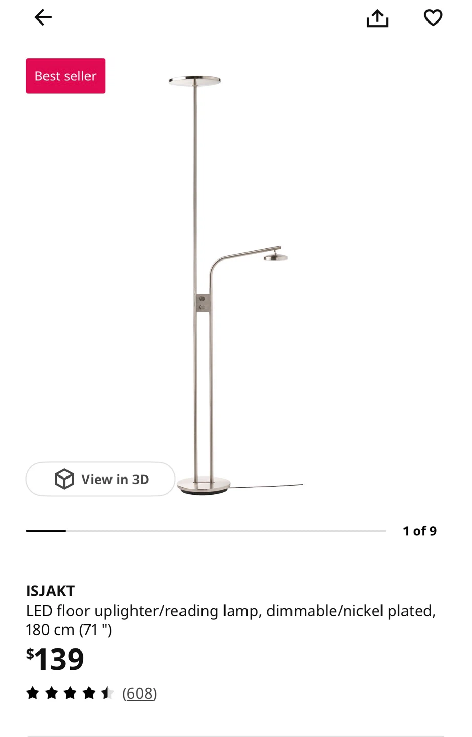 Ikea ISJAKT LED Floor Uplighter/Reading Lamp - Dimmable - photo 2
