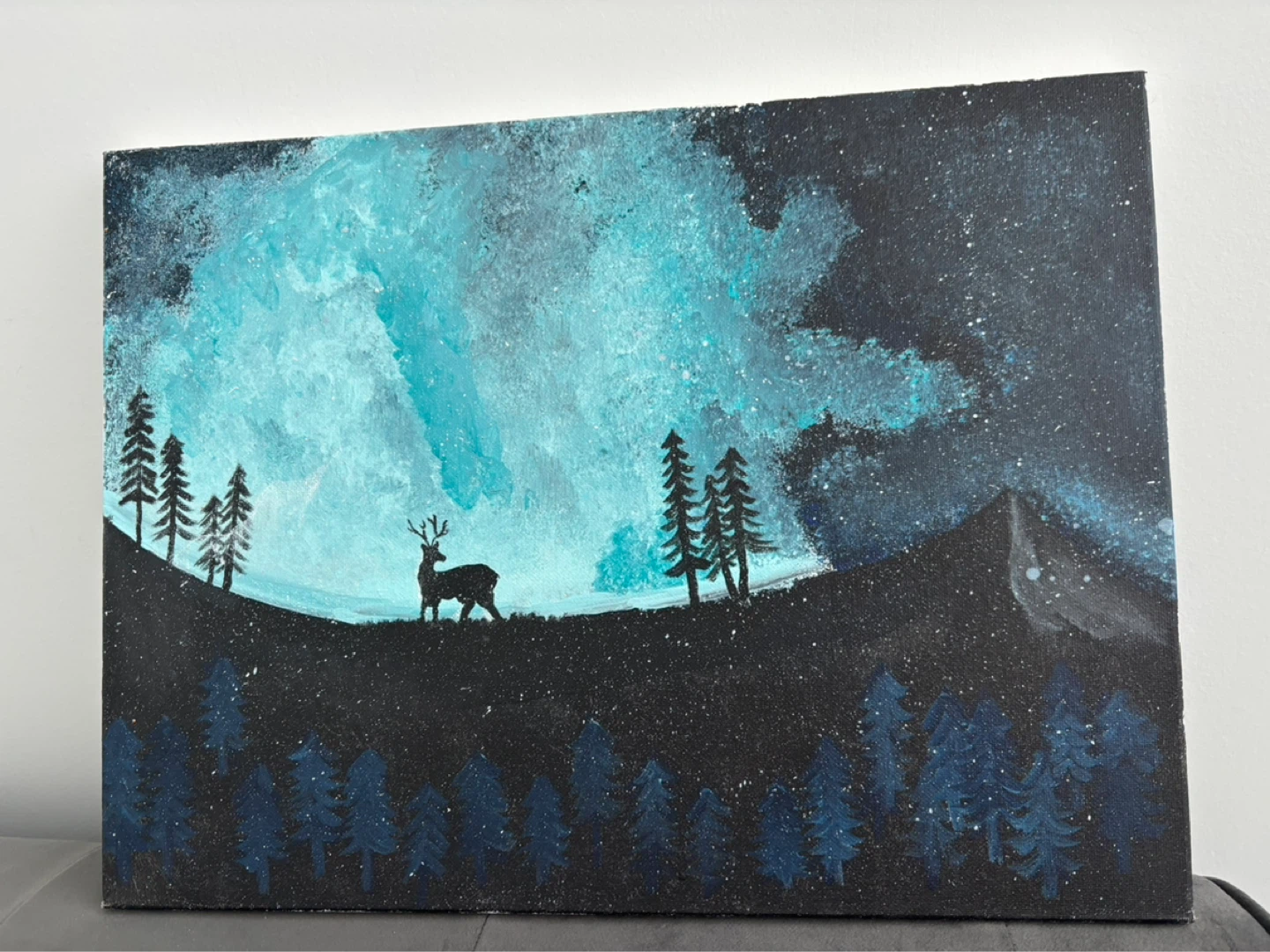 Handmade Deer and Northern Lights Acrylic Painting