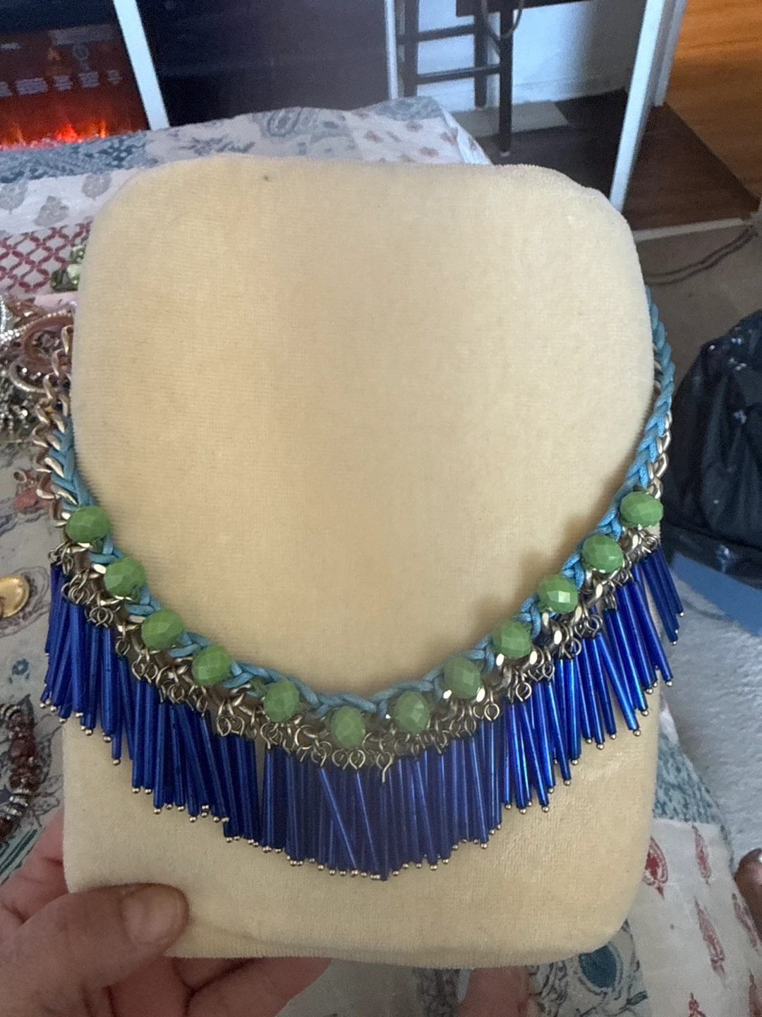 Blue and Green Beaded Fringe Necklace