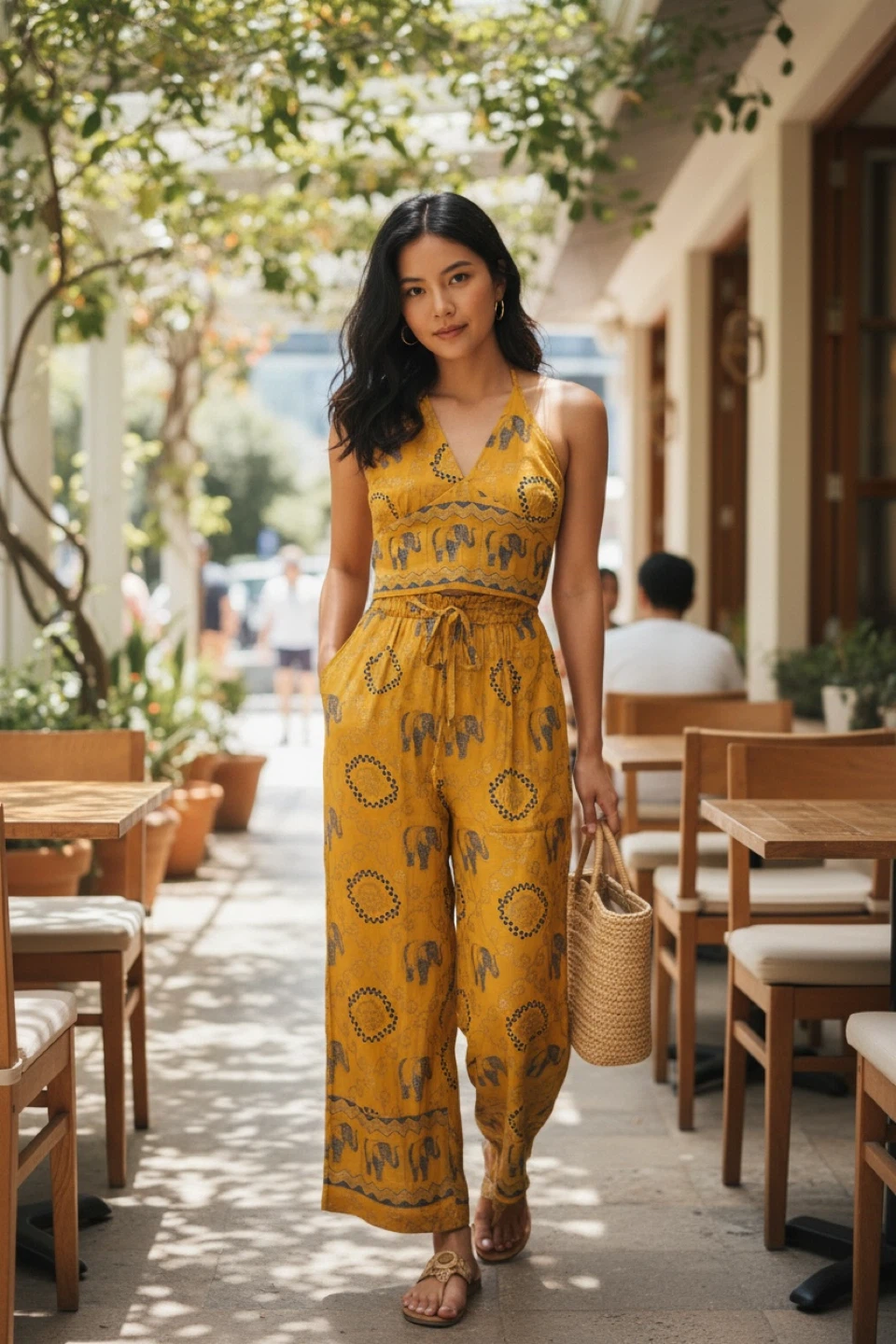 Yellow Elephant Print Halter Jumpsuit - 100% Rayon