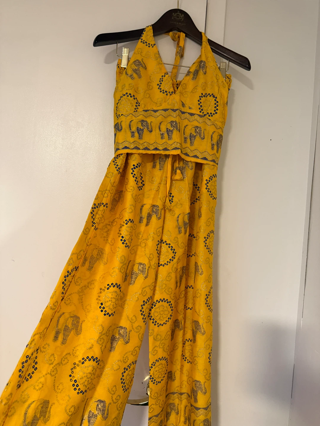 Yellow Elephant Print Halter Jumpsuit - 100% Rayon - photo 2