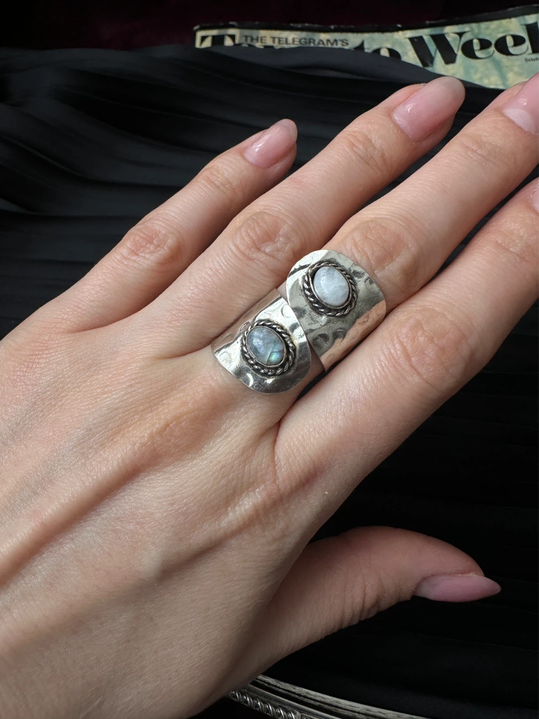 Silver coloured Rainbow Moonstone Ring - Size Adjustable