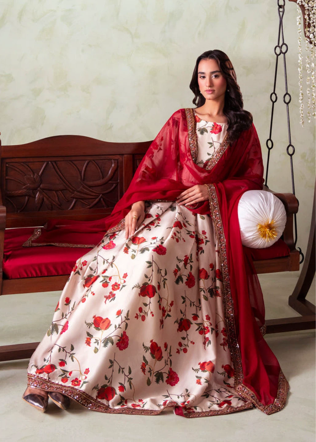 Floral Print Maxi Dress with Dupatta - Size M