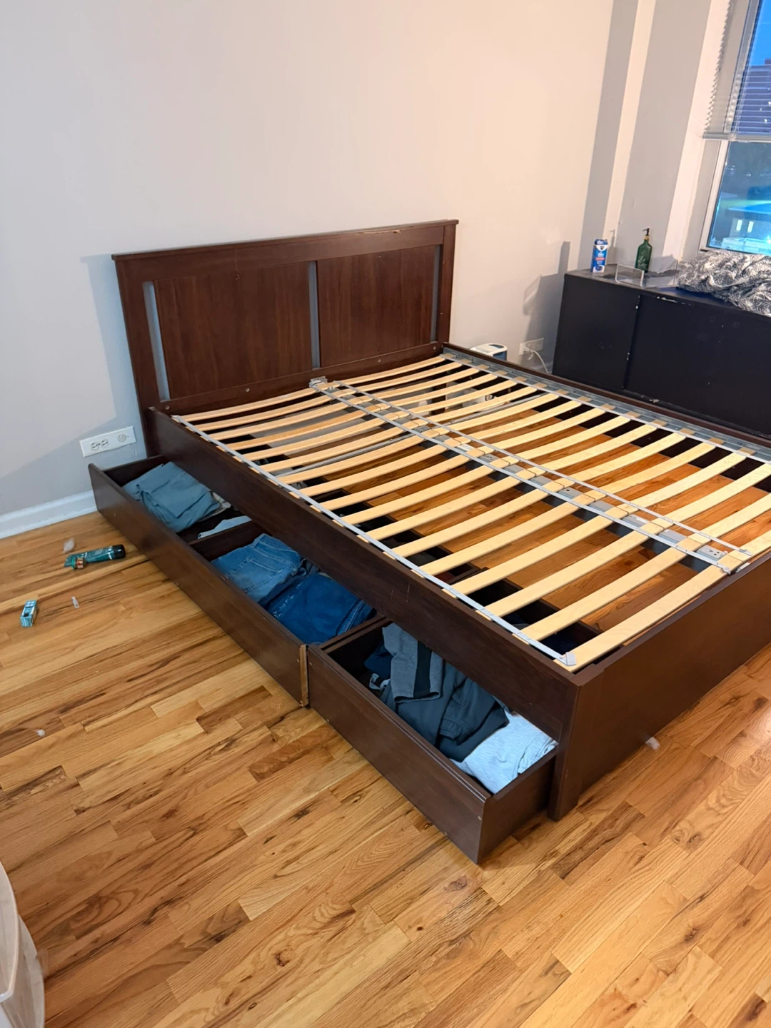 Wooden Platform Bed Frame with Drawers - Dark Brown - photo 2